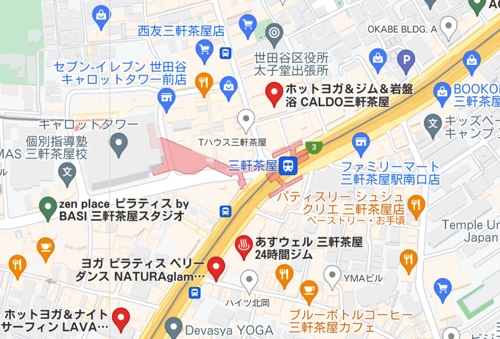 カルド三軒茶屋店と三軒茶屋駅周辺のホットヨガスタジオの地図