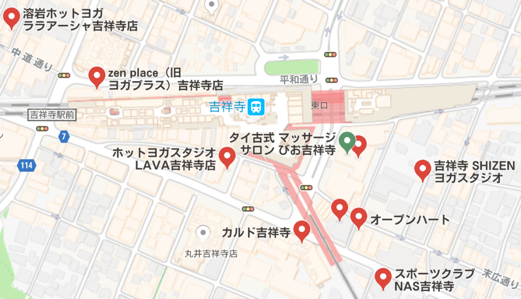 吉祥寺駅周辺のホットヨガスタジオの地図