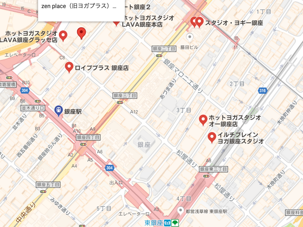 銀座駅周辺のホットヨガスタジオの地図