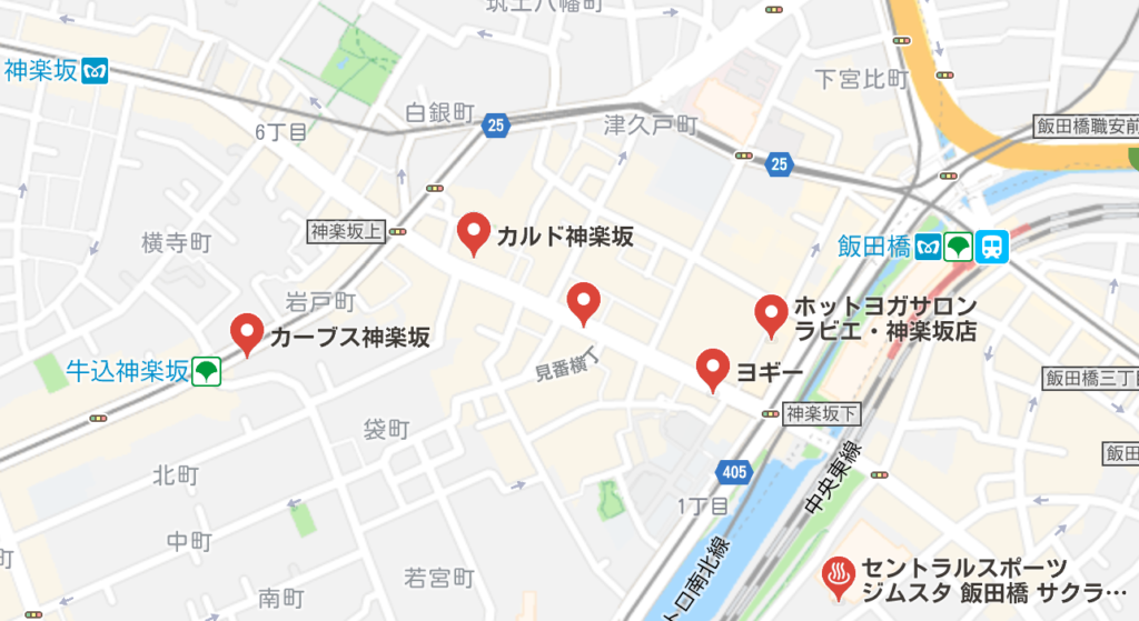 神楽坂駅周辺のホットヨガスタジオ比較地図