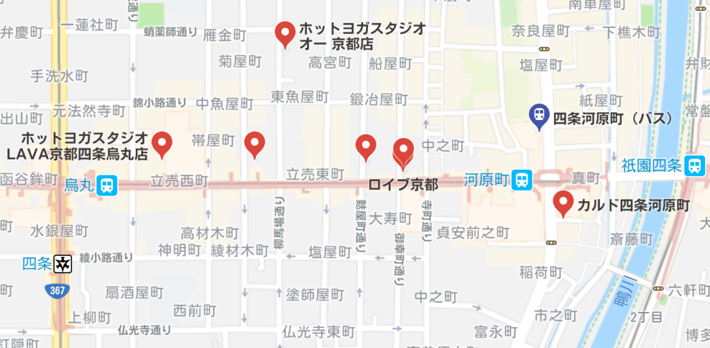 カルド四条大宮店と四条大宮駅周辺のホットヨガスタジオの地図