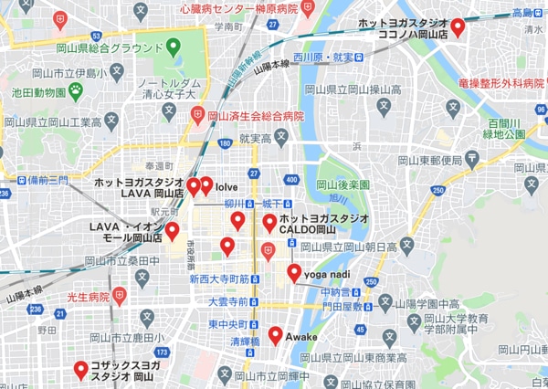 カルド岡山店と岡山駅周辺のホットヨガスタジオの地図