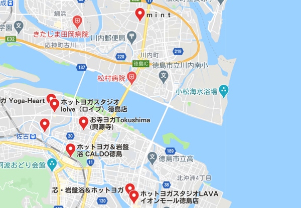 カルド徳島店と徳島駅周辺にある他のホットヨガスタジオの地図