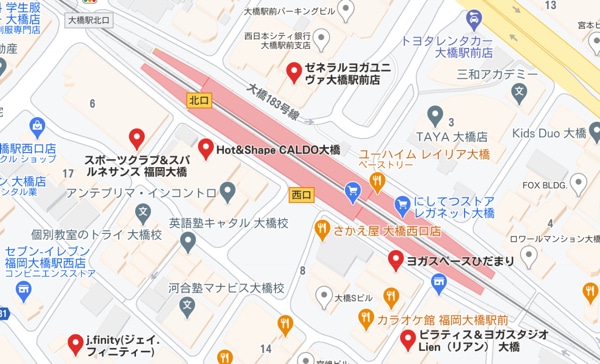 カルド大橋店と大橋駅周辺のホットヨガスタジオの地図