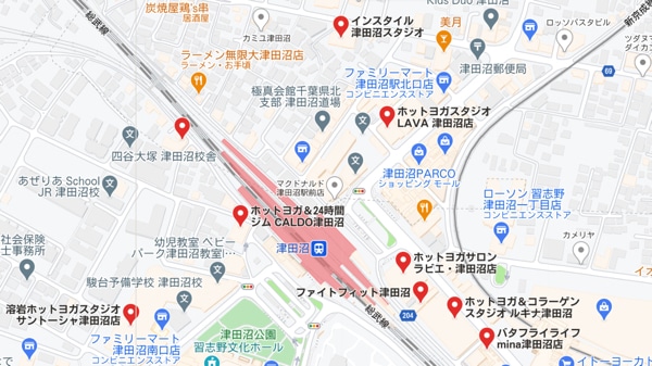 カルド津田沼店と津田沼駅のホットヨガスタジオの地図