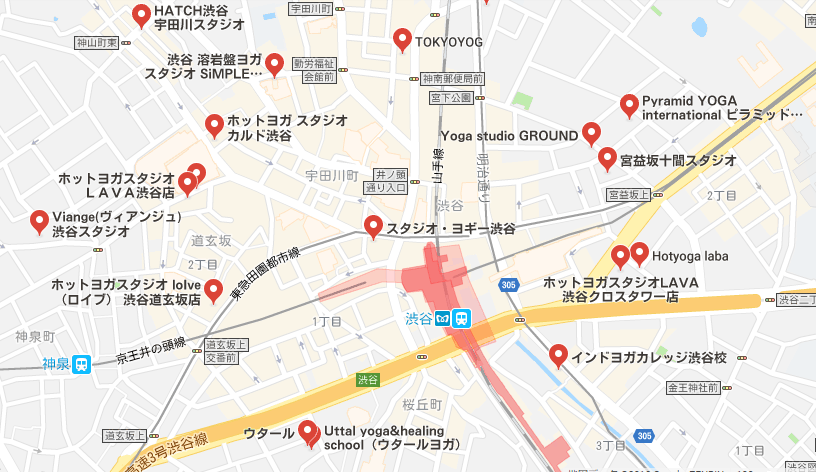 渋谷駅周辺のヨガスタジオの地図