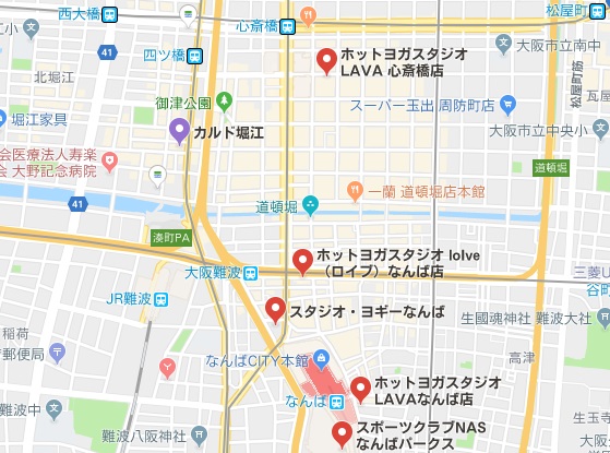 カルド堀江店と心斎橋駅となんば駅にあるホットヨガスタジオの地図
