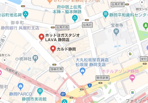 カルド静岡店と静岡駅周辺の他のホットヨガスタジオの地図