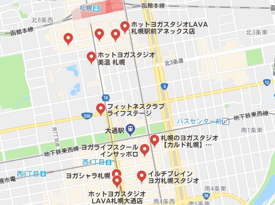 カルド札幌店と札幌駅、大通駅にある他のホットヨガスタジオの地図