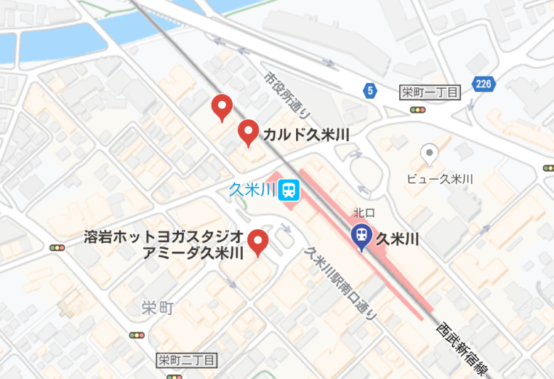 カルド久米川店と他のホットヨガスタジオの地図