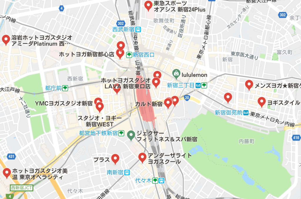 カルド新宿店と新宿駅周辺にあるホットヨガスタジオの地図