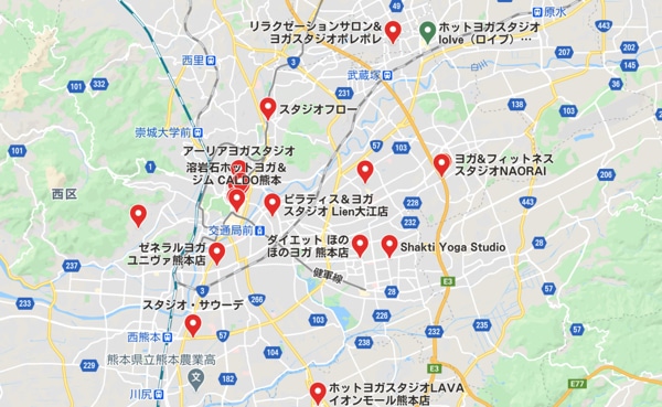 カルド熊本店と熊本県内のホットヨガスタジオの地図
