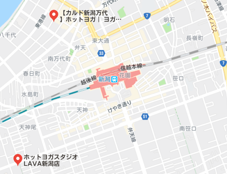 カルド新潟万代店と新潟駅周辺のホットヨガスタジオの地図