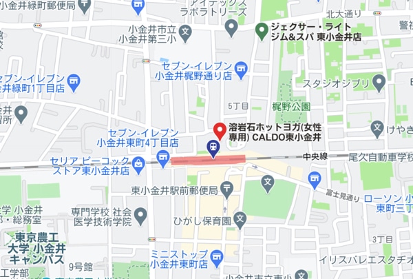 カルド東小金井店と東小金井駅周辺のホットヨガスタジオの地図