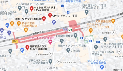 カルド平塚店と平塚駅周辺のホットヨガスタジオの地図