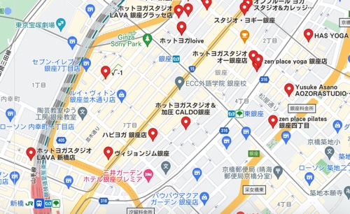 カルドGINZA9店と銀座・新橋駅周辺のホットヨガスタジオの地図